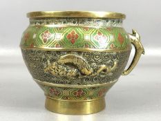 Ornate brass single handled Chinese cup with hand painted decoration and dragon embellishment,