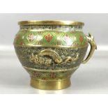 Ornate brass single handled Chinese cup with hand painted decoration and dragon embellishment,