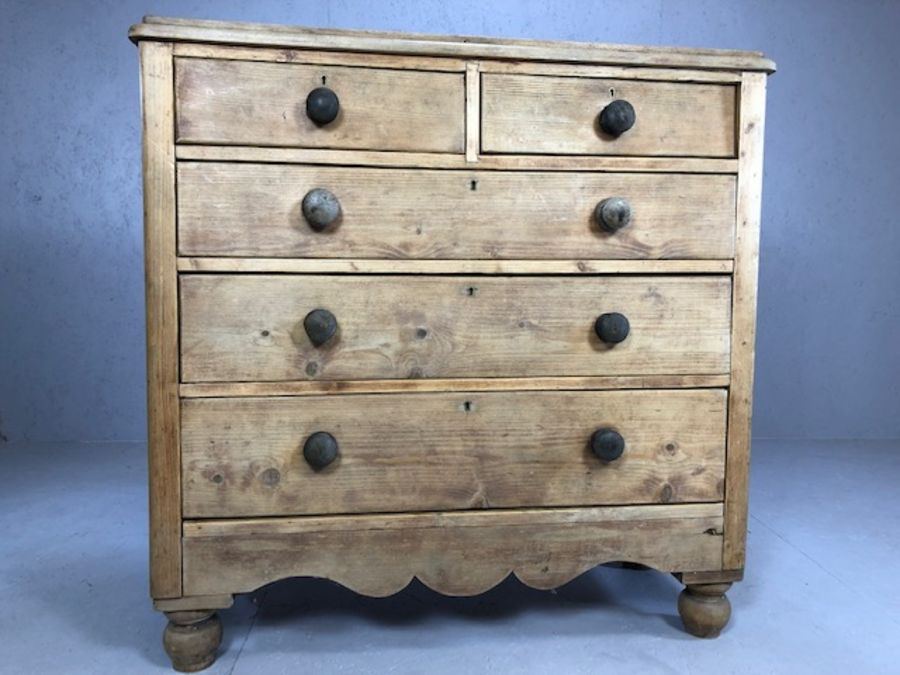 Antique pine chest of six drawers on turned bun feet, approx 105cm x 44cm x 105cm tall