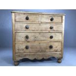 Antique pine chest of six drawers on turned bun feet, approx 105cm x 44cm x 105cm tall