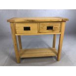 Modern light wood console table with two drawers and shelf under, approx 85cm x 35cm x 78cm tall