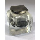 Mappin & Webb heavy glass inkwell with hallmarked Silver collar and hinged lid