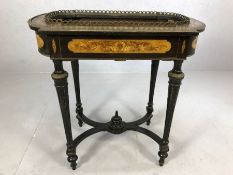 Victorian inlaid ornate plant stand on tapering legs with X cross stretcher and turned finial, metal