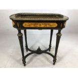 Victorian inlaid ornate plant stand on tapering legs with X cross stretcher and turned finial, metal