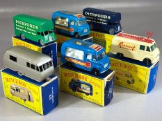 Six boxed Matchbox Series diecast model vehicles: 23 Caravan Trailer, 46 Pickfords Removal Van x
