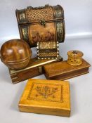 Collection of seven decorative wooden boxes, many with carved or turned detailing and felt lining,