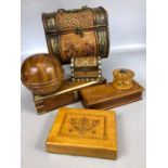 Collection of seven decorative wooden boxes, many with carved or turned detailing and felt lining,