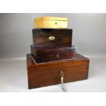 Collection of four wooden boxes, each with felt or silk linings, brass fittings, two with keys,