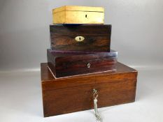 Collection of four wooden boxes, each with felt or silk linings, brass fittings, two with keys,