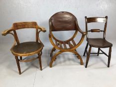 Collection of three vintage chairs to include one X-shaped, one bentwood and one other