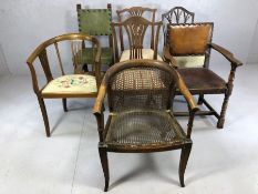 Collection of seven various chairs to include leather studded elbow chair, wheatsheaf shield back