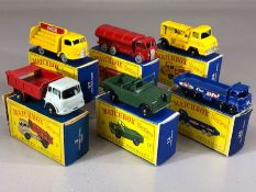 Six boxed Matchbox Series diecast model vehicles: 3 Bedford Tipper Truck, 11 Petrol Tanker, 12