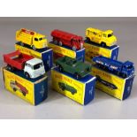 Six boxed Matchbox Series diecast model vehicles: 3 Bedford Tipper Truck, 11 Petrol Tanker, 12