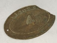 Railway Interest: L & NWR Co. cast iron oval bridge plate no. 4, approx 30cm x 45cm, A/F