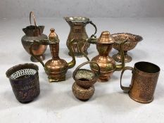 Collection of antique brass and copper items to include teapots, vases etc (8)