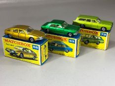 Three boxed Matchbox Superfast diecast model vehicles: 53 Ford Zodiac, 56 B M C 1800 Pininfarina and