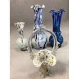 Collection of four pieces of art glass to include Murano: three vases with fluted necks, the tallest