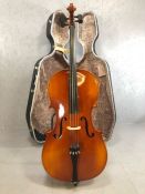 German cello by Musima, approx 76-78cm in length at back, in hard travel case, with bow