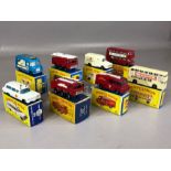 Eight boxed Matchbox Series diecast model vehicles: 5 London Bus, 14 Lomas Ambulance, 54 S&S