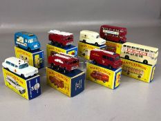 Eight boxed Matchbox Series diecast model vehicles: 5 London Bus, 14 Lomas Ambulance, 54 S&S
