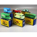 Six boxed Matchbox Series diecast model vehicles: Matchbox Removals Service x 2, one green, one