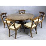 Oval walnut inlaid dining table on scrolling carved pedestal base, with castors and detachable glass