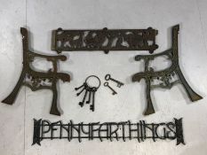 Collection of vintage metalware to include 'Pennyfarthings' sign, set of large keys, pair of cast