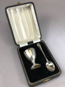 Silver hallmarked engraved egg cup and spoon and presentation case total weight 53g