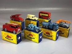 Seven boxed Matchbox Series diecast model vehicles: 4, 5, 9, 30, 73, 14, 9