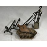 Collection of fire / fireside items to include small iron grate, pair of firedogs, fireside items on