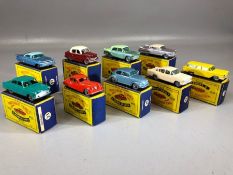 Nine boxed Matchbox Series diecast model vehicles:22, 25, 27, 29, 31, 32, 33, 57 x 2