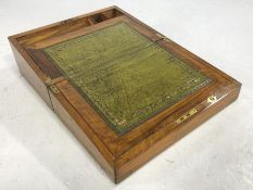 Antique wooden writing slope with fitted interior and brass fittings, approx 35cm x 23cm x 15cm