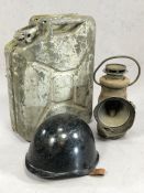 Vintage metal items to include oil can, railway lamp and army helmet (3)