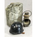 Vintage metal items to include oil can, railway lamp and army helmet (3)