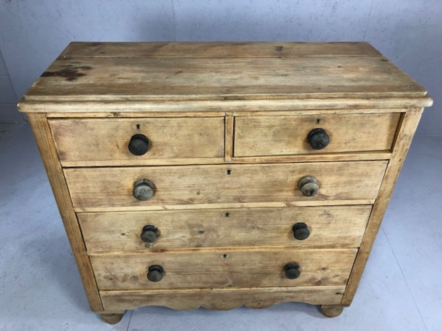 Antique pine chest of six drawers on turned bun feet, approx 105cm x 44cm x 105cm tall - Image 2 of 3