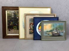 Collection of original paintings to include a floral watercolour by V E Cook, a watercolour of