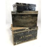 Collection of three vintage metal boxes to include a tin deed and cash box by Holmes & Sons approx