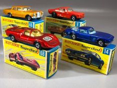 Four boxed Matchbox Superfast diecast model vehicles: 8 Ford Mustang, 14 ISO Grifio, 46 Mercedes 300
