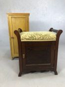 Piano stool with shelving under and single pine pot cupboard, with shelf.