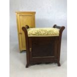 Piano stool with shelving under and single pine pot cupboard, with shelf.