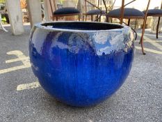 Large blue glazed spherical garden planter, approx 40cm tall