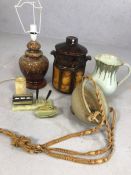 Small collection of mid century items, including a west German pottery lamp and a Rumtopf storage