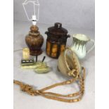 Small collection of mid century items, including a west German pottery lamp and a Rumtopf storage