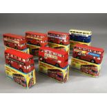 Seven boxed Matchbox no 17 'The Londoner' diecast model buses: West Midlands Travel, Santa Claus