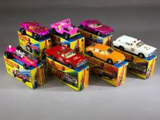 Seven boxed Matchbox Superfast diecast model vehicles: 2 Jeep Hot Rod, 5 Lotus Europa, 30 Beach