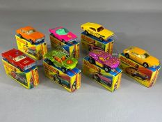 Seven boxed Matchbox Superfast diecast model vehicles: 13 Baja Buggy, 30 Beach Buggy, 40 Guildsman