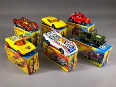 Six boxed Matchbox Superfast diecast model vehicles: 1 Mod Rod, 2 Jeep Hot Rod, 7 Hairy Hustler,