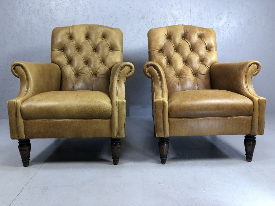 Pair of leather / cattle hide tan fireside button back chairs, by Laura Ashley - Image 2 of 4