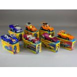 Seven boxed Matchbox diecast model vehicles: 11 Flying Bug, 19 Road Dragster, 37 Soopa Coopa, 42 The