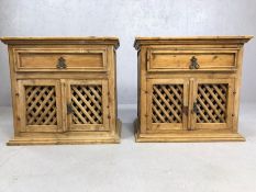 Pair of Mexican pine bedsides with wrought iron handles, each approx 60cm x 42cm x 57cm tall